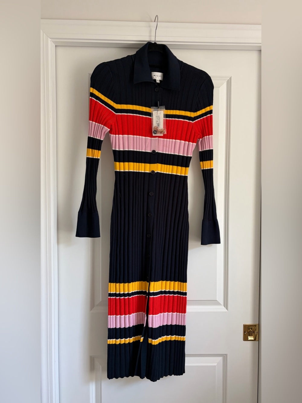 Ribbed Button-Front Jumpsuit in Navy with Red, Pink & Yellow Stripes